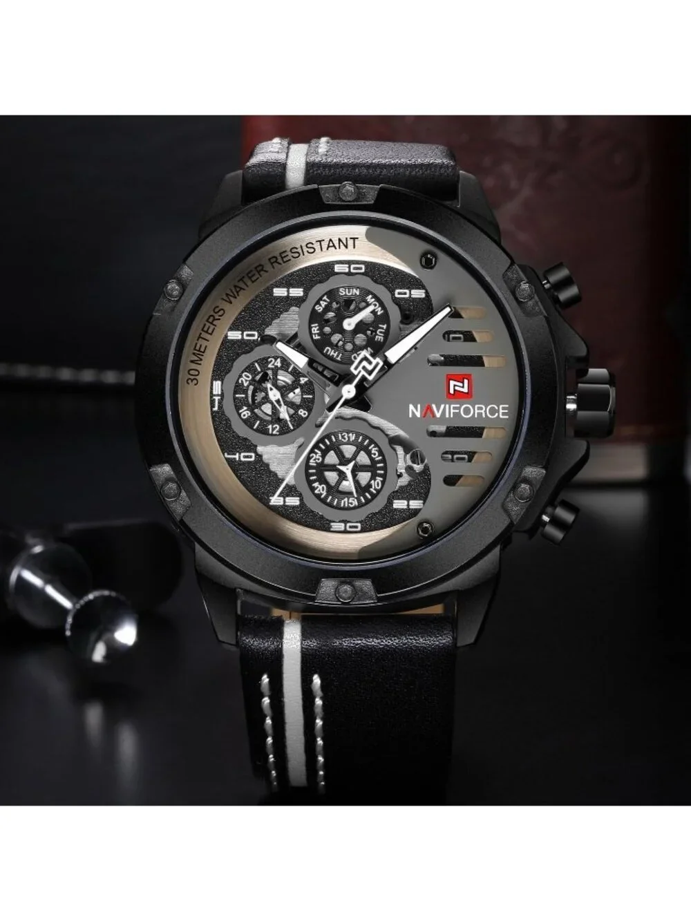 Men's All Black Analog Quartz Leather Band Waterproof Sport Military Wrist Watch